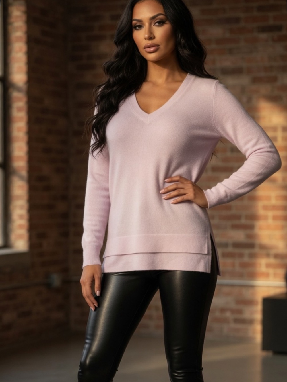 Kinross Light Pink Cashmere V-Neck Sweater Small